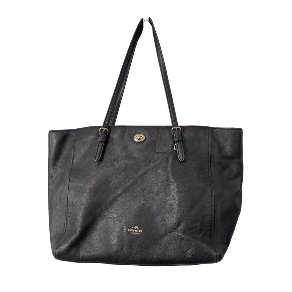 Coach Pebbled Leather Turnlock Shoulder Tote Bag Black Double Handle Office Chic - Picture 1 of 8